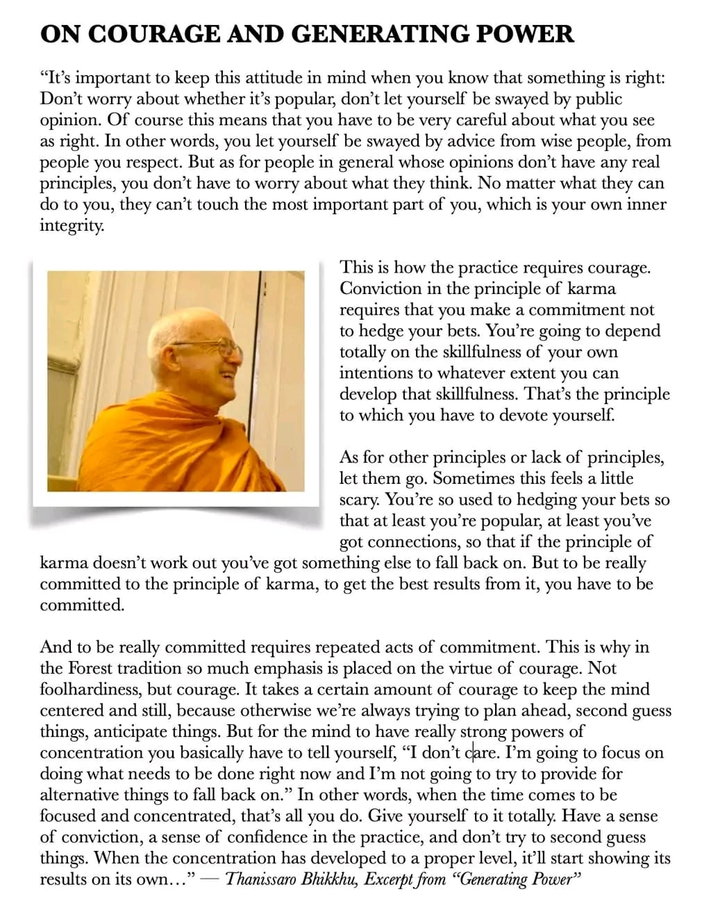 Printed excerpt titled On Courage and Generating Power, attributed to Thanissaro Bhikkhu, with a photograph of the monk.